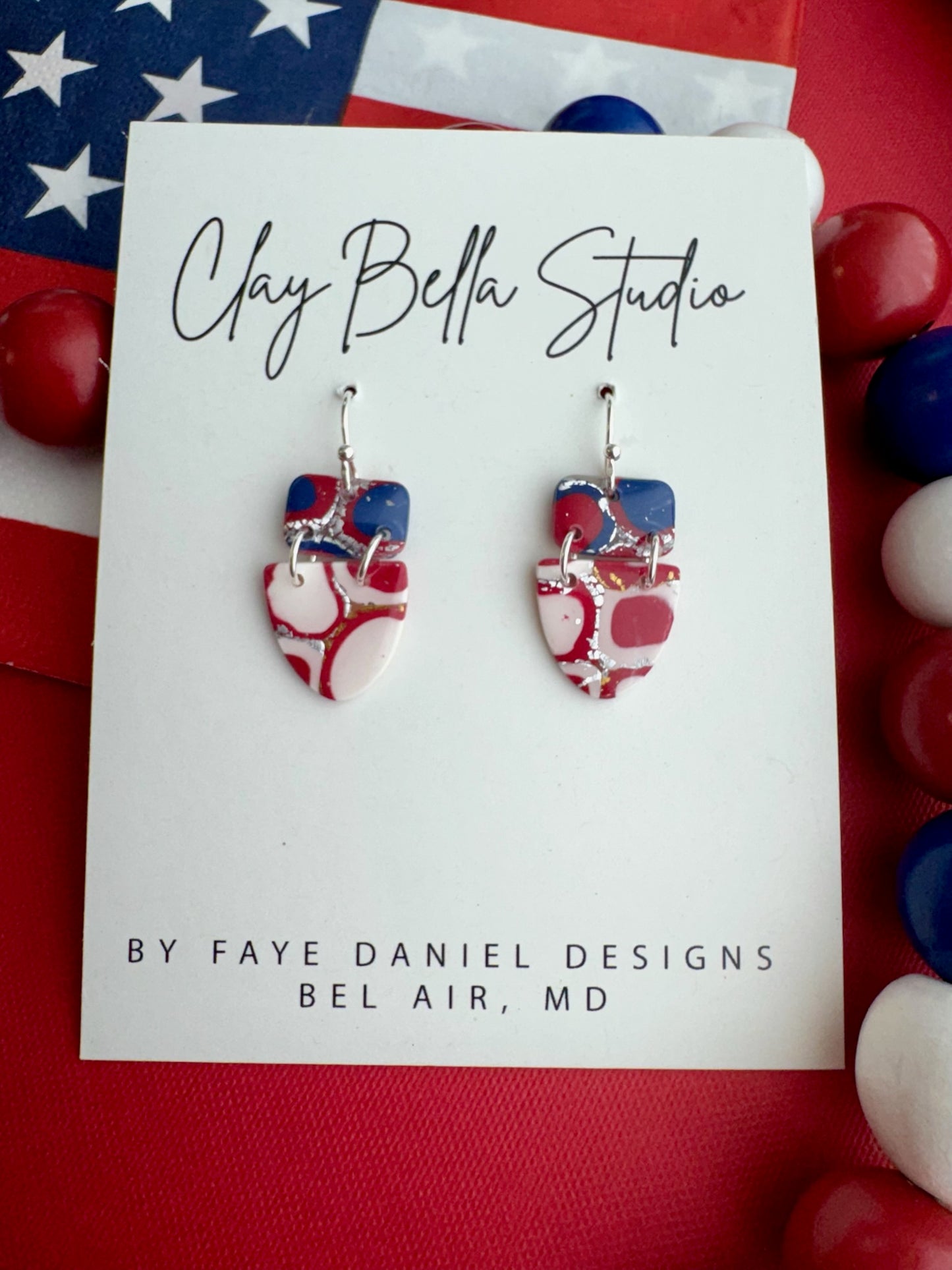 Red, White & Beautiful Mosaic Mini handmade earrings featuring red, white, and blue marbled patterns with silver metallic accents by Clay Bella Studio