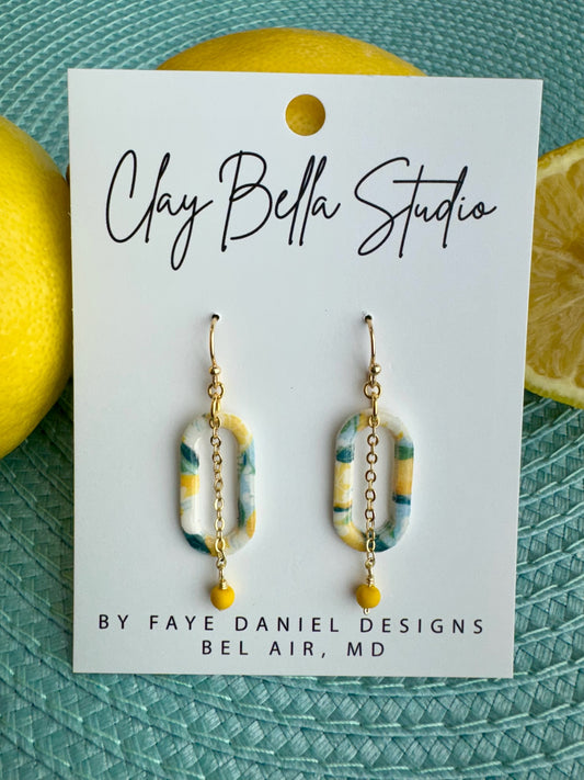 Oval citrus and aqua clay earrings with gold chain drop and yellow bead, coastal handmade earrings