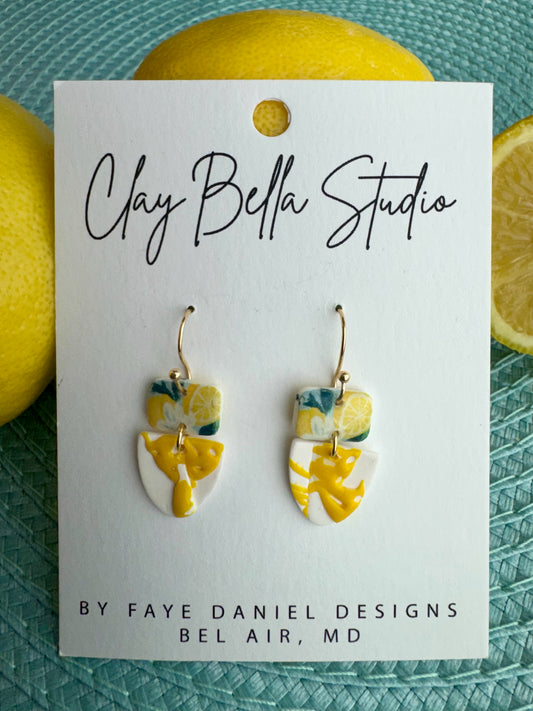 Handmade mini polymer clay earrings with lemon pattern and layered design