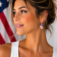 Model wearing Red, White & Beautiful mini mosaic earrings by Clay Bella Studio