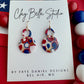 Red, white & blue hadmade mosaic drop earrings with gold foil by Clay Bella Studio.
