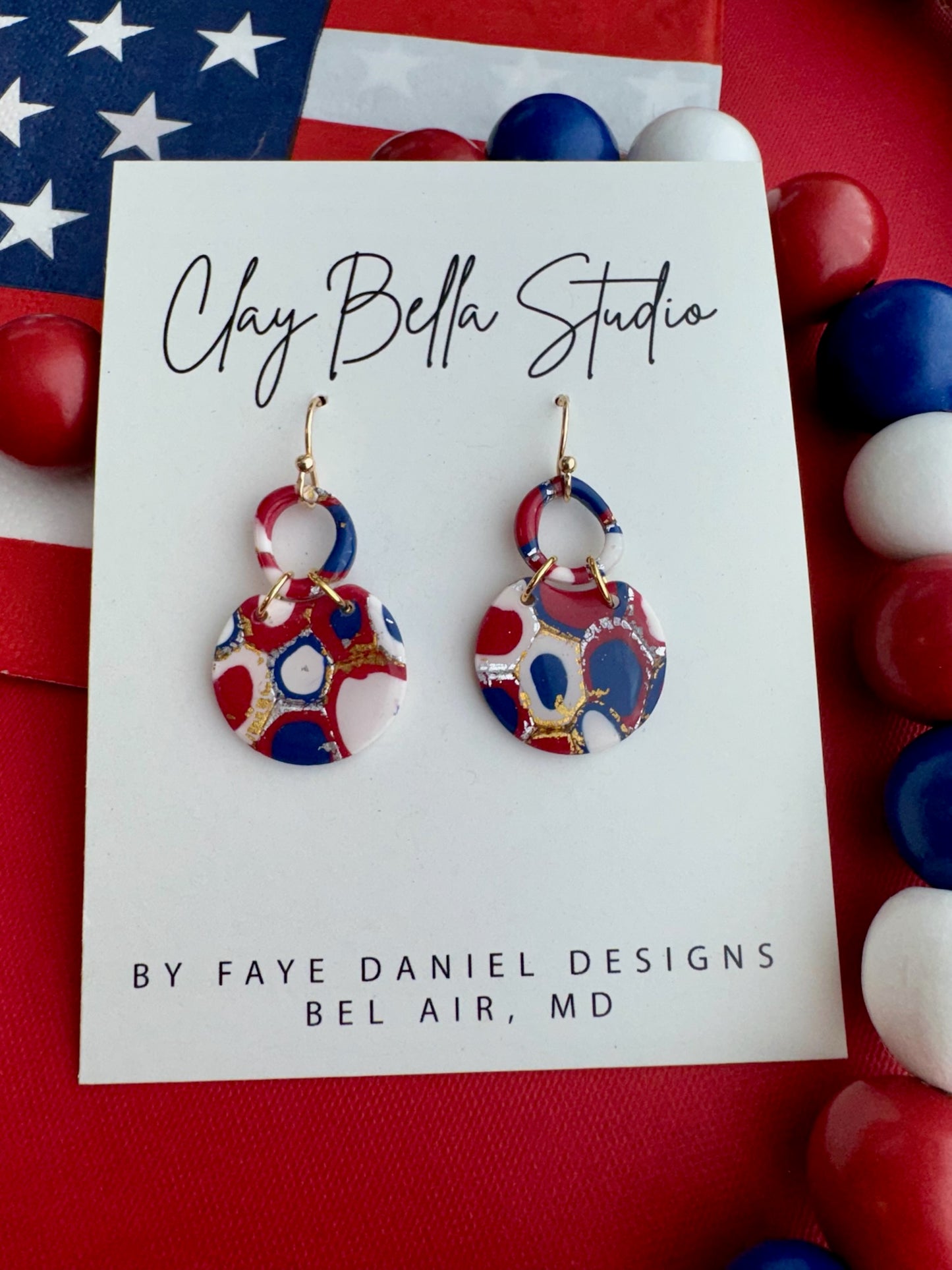Red, white & blue hadmade mosaic drop earrings with gold foil by Clay Bella Studio.