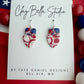 Red, White & Beautiful Mosaic Mini handmade earrings featuring red, white, and blue marbled patterns with  silver metallic accents by Clay Bella Studio
